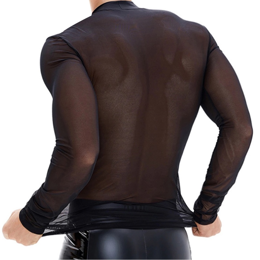 Mens See-through Mesh Shirt Mens Long Sleeve Club Attire Sheer Mesh